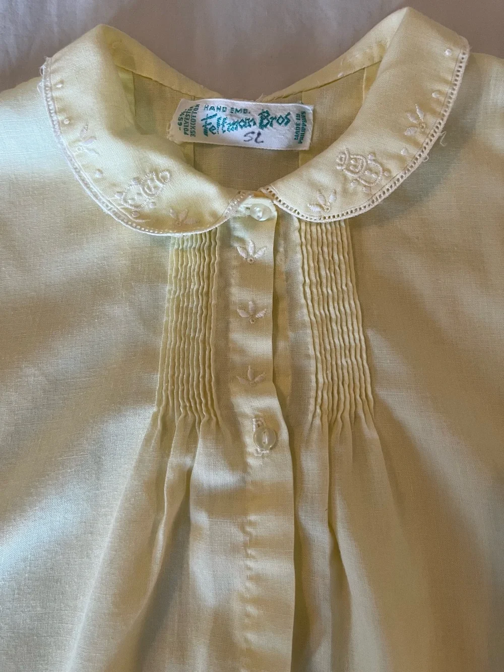Vintage Pale Butter Yellow with  Embroidered Collar Kids Dress by Feltman Bros